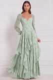 Robe de demoiselle d'honneur en mousseline sauge, à manches longues, à col V, ligne A