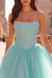 Corset menthe perles Anneau sans bretelles en tulle en satin robe longue de bal