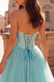 Corset menthe perles Anneau sans bretelles en tulle en satin robe longue de bal