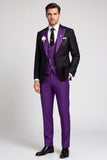 Costume de soirée à revers en pointe noir et violet, à un bouton, trois pièces pour hommes