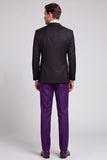 Costume de soirée à revers en pointe noir et violet, à un bouton, trois pièces pour hommes