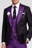 Costume de soirée à revers en pointe noir et violet, à un bouton, trois pièces pour hommes