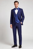 Costume de soirée à un bouton et col châle, trois pièces bleu marine pour hommes