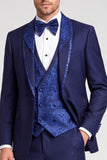 Costume de soirée à un bouton et col châle, trois pièces bleu marine pour hommes