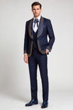 Costume de soirée pour hommes à un bouton, à col châle, trois pièces, avec perles, bleu marine