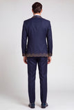 Costume de soirée pour hommes à un bouton, à col châle, trois pièces, avec perles, bleu marine