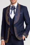 Costume de soirée pour hommes à un bouton, à col châle, trois pièces, avec perles, bleu marine