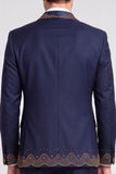 Costume de soirée pour hommes à un bouton, à col châle, trois pièces, avec perles, bleu marine