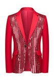 Blazer de soirée rouge pour hommes avec revers, à un bouton et à paillettes