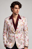Blazer de soirée pour hommes à revers à motifs floraux à un bouton rose et blanc