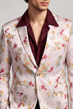 Blazer de soirée pour hommes à revers à motifs floraux à un bouton rose et blanc