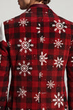 Blazer de soirée rouge et blanc à simple boutonnage avec imprimé de Noël pour hommes