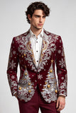Blazer de soirée pour hommes à un bouton, avec revers, bordeaux, à imprimé de Noël