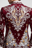 Blazer de soirée pour hommes à un bouton, avec revers, bordeaux, à imprimé de Noël
