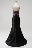 Robe de soirée longue noire coupe sirène, à paillettes, brodée, à corset, en satin, à fines bretelles et avec fente