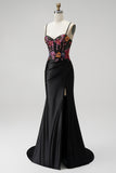 Robe de soirée longue noire coupe sirène, à paillettes, brodée, à corset, en satin, à fines bretelles et avec fente