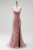 Robe de soirée longue dusty rose à col en V, perlée, coupe sirène, à paillettes, appliqués et avec fente