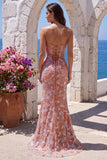 Robe de soirée longue dusty rose à col en V, perlée, coupe sirène, à paillettes, appliqués et avec fente