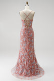 Robe de soirée longue dusty rose à col en V, perlée, coupe sirène, à paillettes, appliqués et avec fente