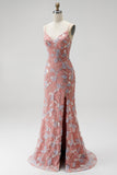 Robe de soirée longue dusty rose à col en V, perlée, coupe sirène, à paillettes, appliqués et avec fente