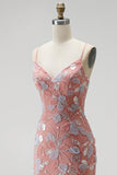Robe de soirée longue dusty rose à col en V, perlée, coupe sirène, à paillettes, appliqués et avec fente