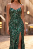 Robe de soirée longue vert foncé scintillante à paillettes, coupe sirène, à fines bretelles et avec fente