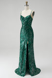 Robe de soirée longue vert foncé scintillante à paillettes, coupe sirène, à fines bretelles et avec fente