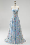 Robe de soirée longue bleue ligne A, à corset transparent, broderie florale et fines bretelles