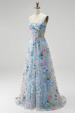 Robe de soirée longue bleue ligne A, à corset transparent, broderie florale et fines bretelles