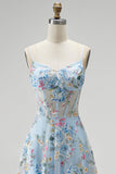 Robe de soirée longue bleue ligne A, à corset transparent, broderie florale et fines bretelles