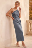 Robe de cérémonie vert sauge en satin, coupe fourreau, à une épaule, avec fronces, midi