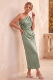 Robe de cérémonie vert sauge en satin, coupe fourreau, à une épaule, avec fronces, midi