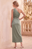 Robe de cérémonie vert sauge en satin, coupe fourreau, à une épaule, avec fronces, midi