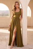 Robe de cérémonie olive, ligne A, à encolure arrondie, longue, avec fente