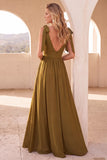 Robe de cérémonie olive, ligne A, à encolure arrondie, longue, avec fente