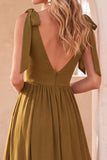 Robe de cérémonie olive, ligne A, à encolure arrondie, longue, avec fente