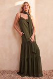 Robe de cérémonie olive en satin, à étages, à fines bretelles, en mousseline, longue, avec poches