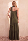 Robe de cérémonie olive en satin, à étages, à fines bretelles, en mousseline, longue, avec poches
