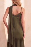 Robe de cérémonie olive en satin, à étages, à fines bretelles, en mousseline, longue, avec poches