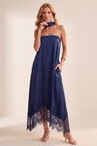 Robe de cérémonie navy, ligne A, en satin, sans bretelles, midi, avec dentelle