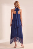 Robe de cérémonie navy, ligne A, en satin, sans bretelles, midi, avec dentelle
