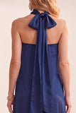 Robe de cérémonie navy, ligne A, en satin, sans bretelles, midi, avec dentelle