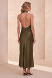 Robe de cérémonie olive, à encolure tour de cou, coupe fourreau, en satin, longue, avec poches
