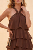 Robe de cérémonie café, à encolure tour de cou, à étages, avec volants, à longueur asymétrique, en mousseline, longue, avec perles