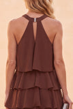 Robe de cérémonie café, à encolure tour de cou, à étages, avec volants, à longueur asymétrique, en mousseline, longue, avec perles