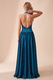 Robe de cérémonie peacock blue, ligne A, à encolure tour de cou, en satin, avec plis, longue, avec dentelle