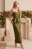 Robe de cérémonie olive, coupe fourreau, à basque, en satin, sans bretelles, longue, avec perles