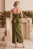 Robe de cérémonie olive, coupe fourreau, à basque, en satin, sans bretelles, longue, avec perles