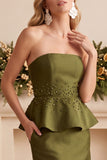 Robe de cérémonie olive, coupe fourreau, à basque, en satin, sans bretelles, longue, avec perles