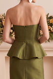 Robe de cérémonie olive, coupe fourreau, à basque, en satin, sans bretelles, longue, avec perles